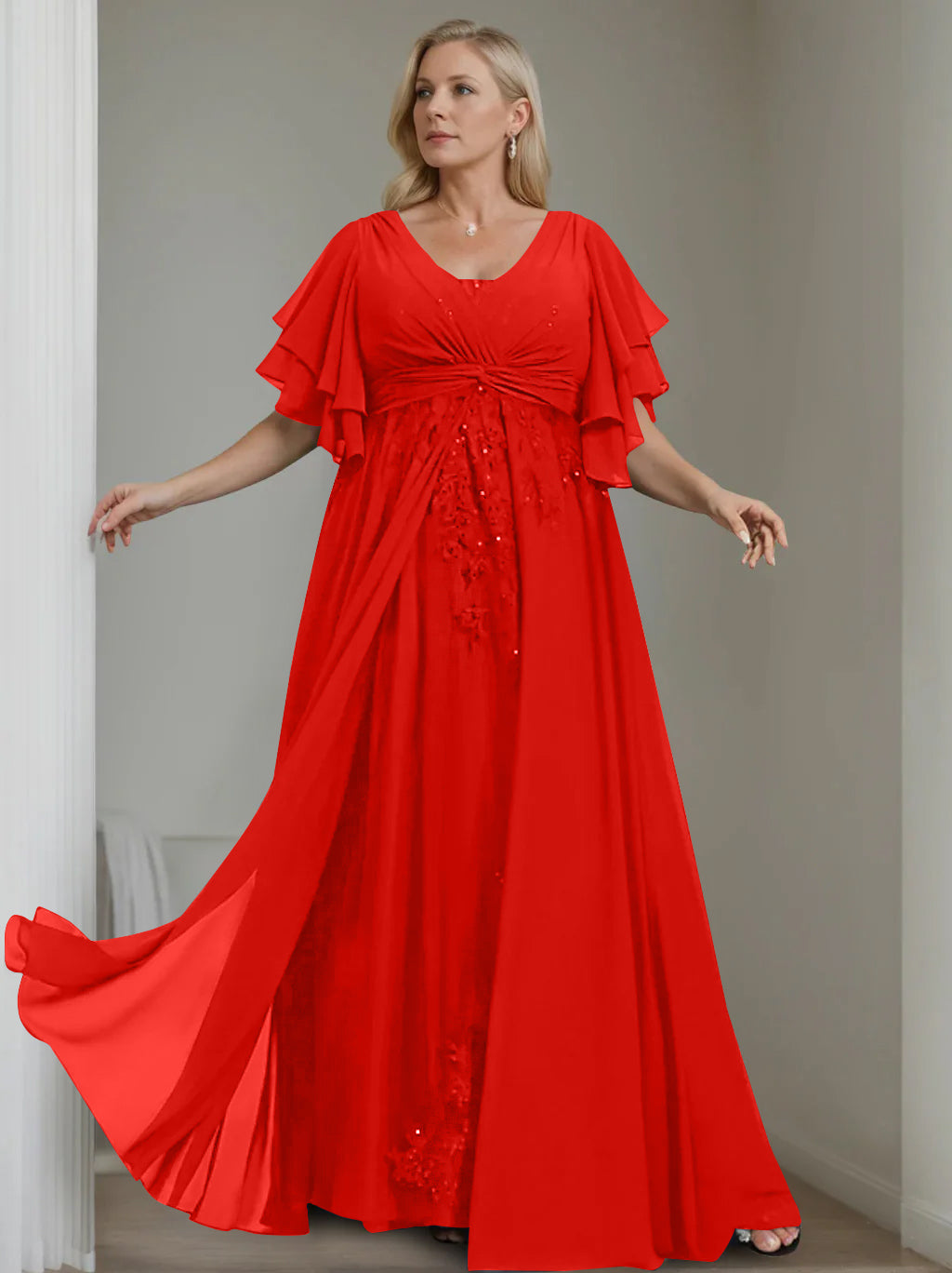 Unique Plus Size V-Neck A-Line Princess Floor-Length Mother of the Bride Dress with Sequins and Half Sleeve Ruffles-LLELLA