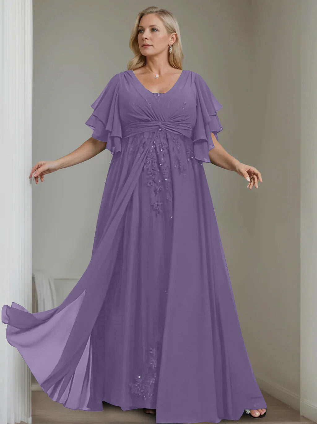 Unique Plus Size V-Neck A-Line Princess Floor-Length Mother of the Bride Dress with Sequins and Half Sleeve Ruffles-LLELLA