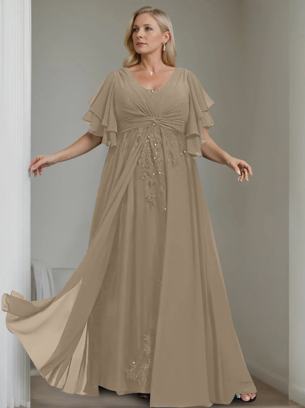 Unique Plus Size V-Neck A-Line Princess Floor-Length Mother of the Bride Dress with Sequins and Half Sleeve Ruffles-LLELLA