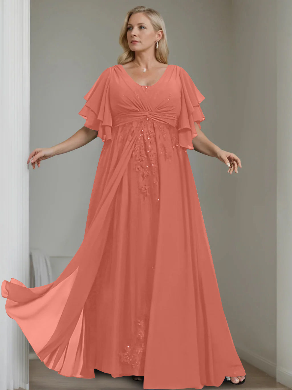 Unique Plus Size V-Neck A-Line Princess Floor-Length Mother of the Bride Dress with Sequins and Half Sleeve Ruffles-LLELLA
