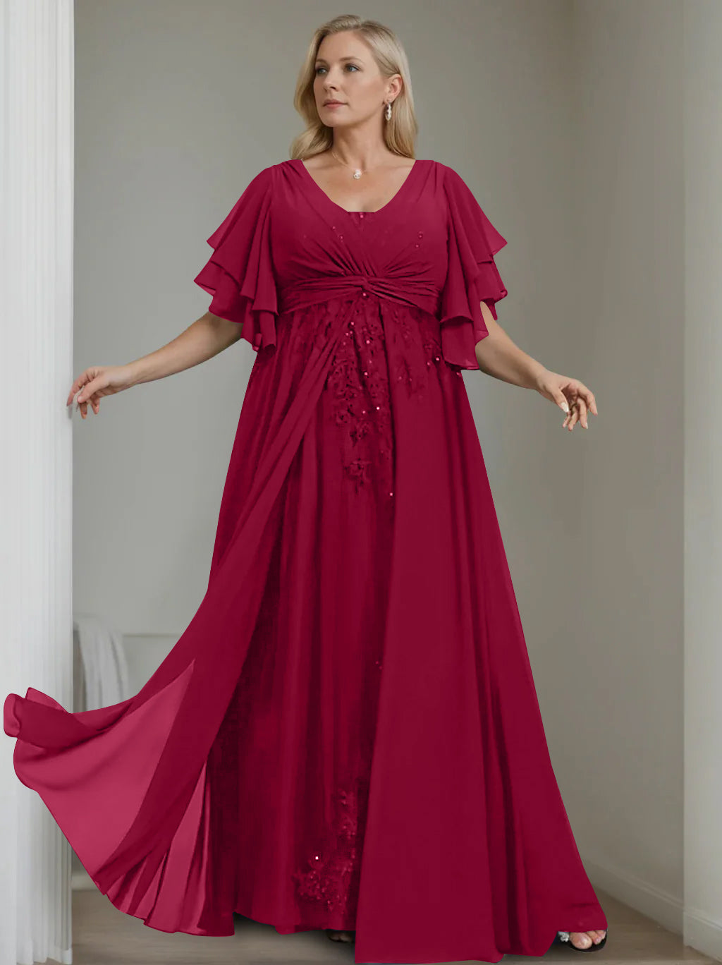 Unique Plus Size V-Neck A-Line Princess Floor-Length Mother of the Bride Dress with Sequins and Half Sleeve Ruffles-LLELLA
