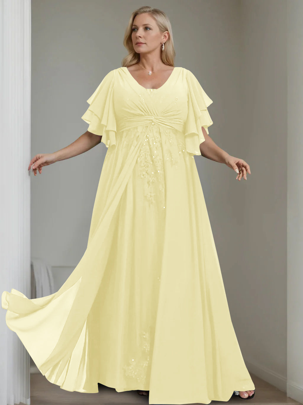 Unique Plus Size V-Neck A-Line Princess Floor-Length Mother of the Bride Dress with Sequins and Half Sleeve Ruffles-LLELLA
