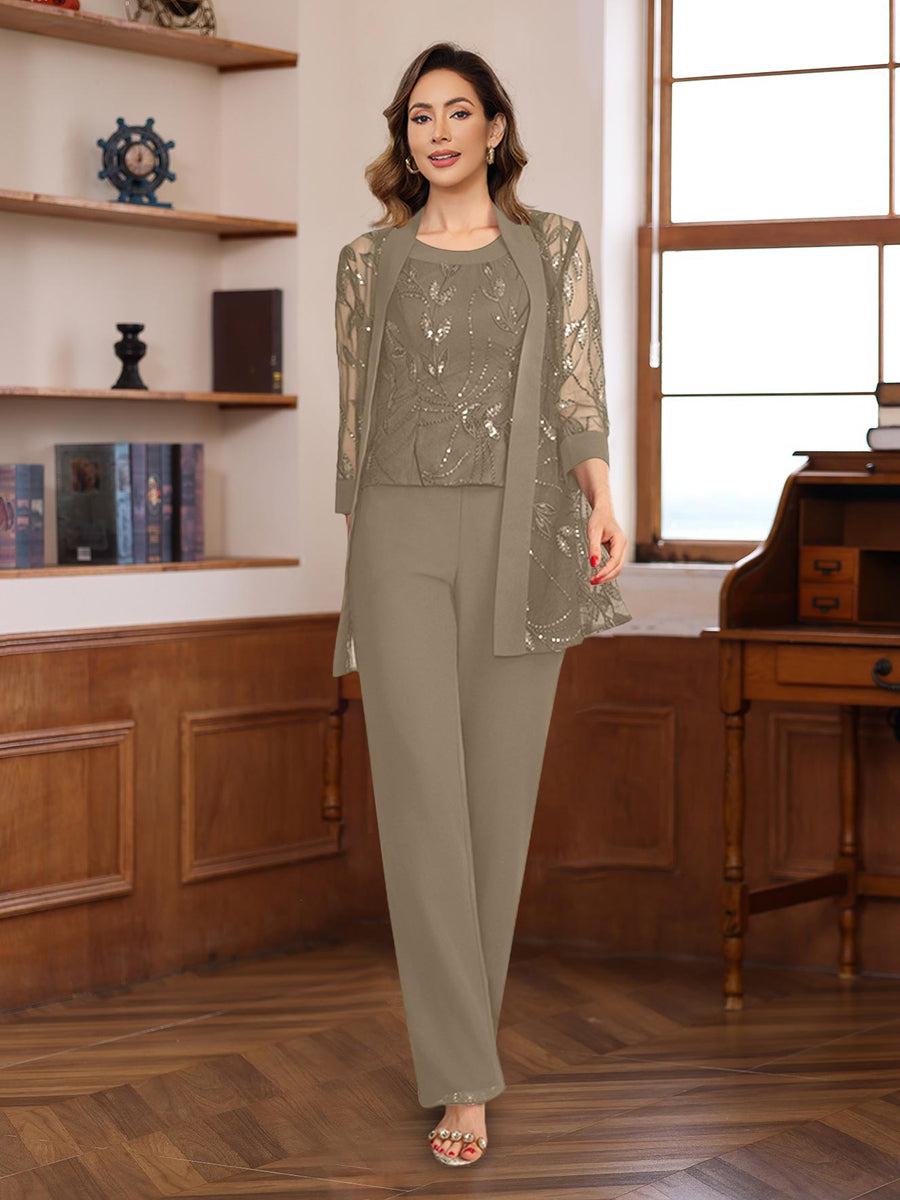 3-Piece Floor-Length Chiffon Pantsuits with Sequins for the Mother of the Bride