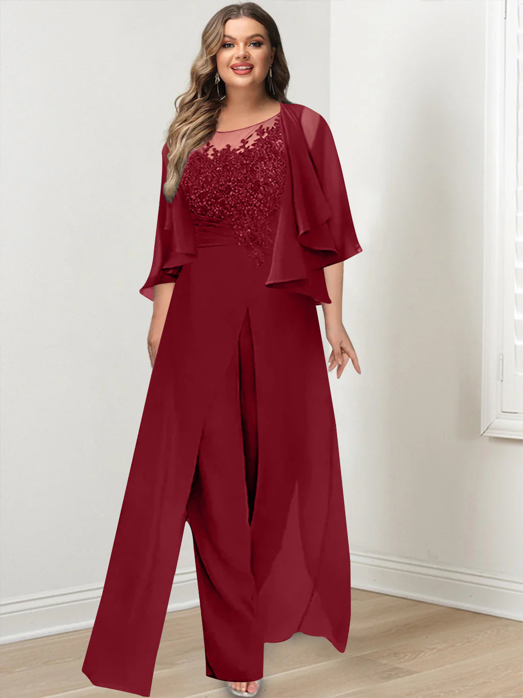 Plus Size Mother of the Bride A-Line/Princess Jumpsuit with Jacket Floor-Length Design Side Split & Appliques