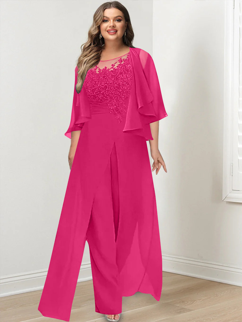 Plus Size Mother of the Bride A-Line/Princess Jumpsuit with Jacket Floor-Length Design Side Split & Appliques