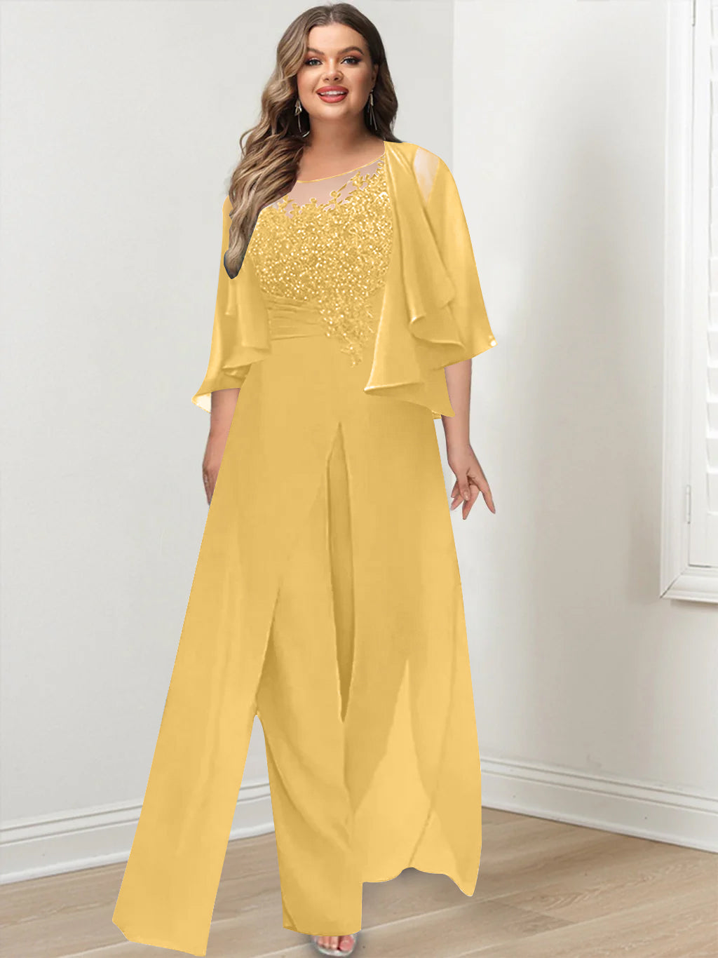 Plus Size Mother of the Bride A-Line/Princess Jumpsuit with Jacket Floor-Length Design Side Split & Appliques