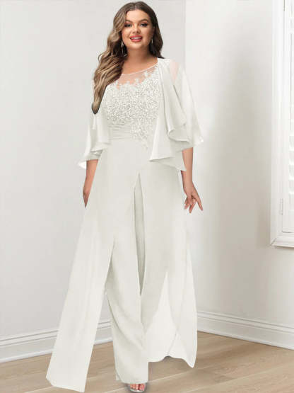 Plus Size Mother of the Bride A-Line/Princess Jumpsuit with Jacket Floor-Length Design Side Split & Appliques