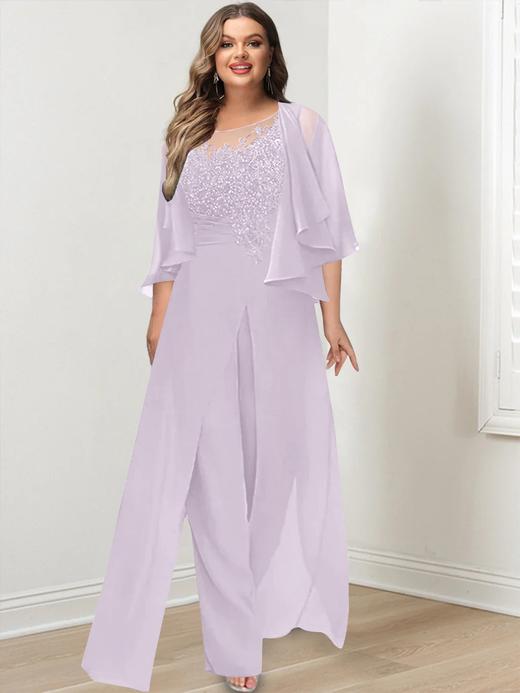 Plus Size Mother of the Bride A-Line/Princess Jumpsuit with Jacket Floor-Length Design Side Split & Appliques