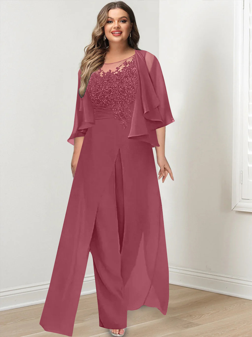 Plus Size Mother of the Bride A-Line/Princess Jumpsuit with Jacket Floor-Length Design Side Split & Appliques