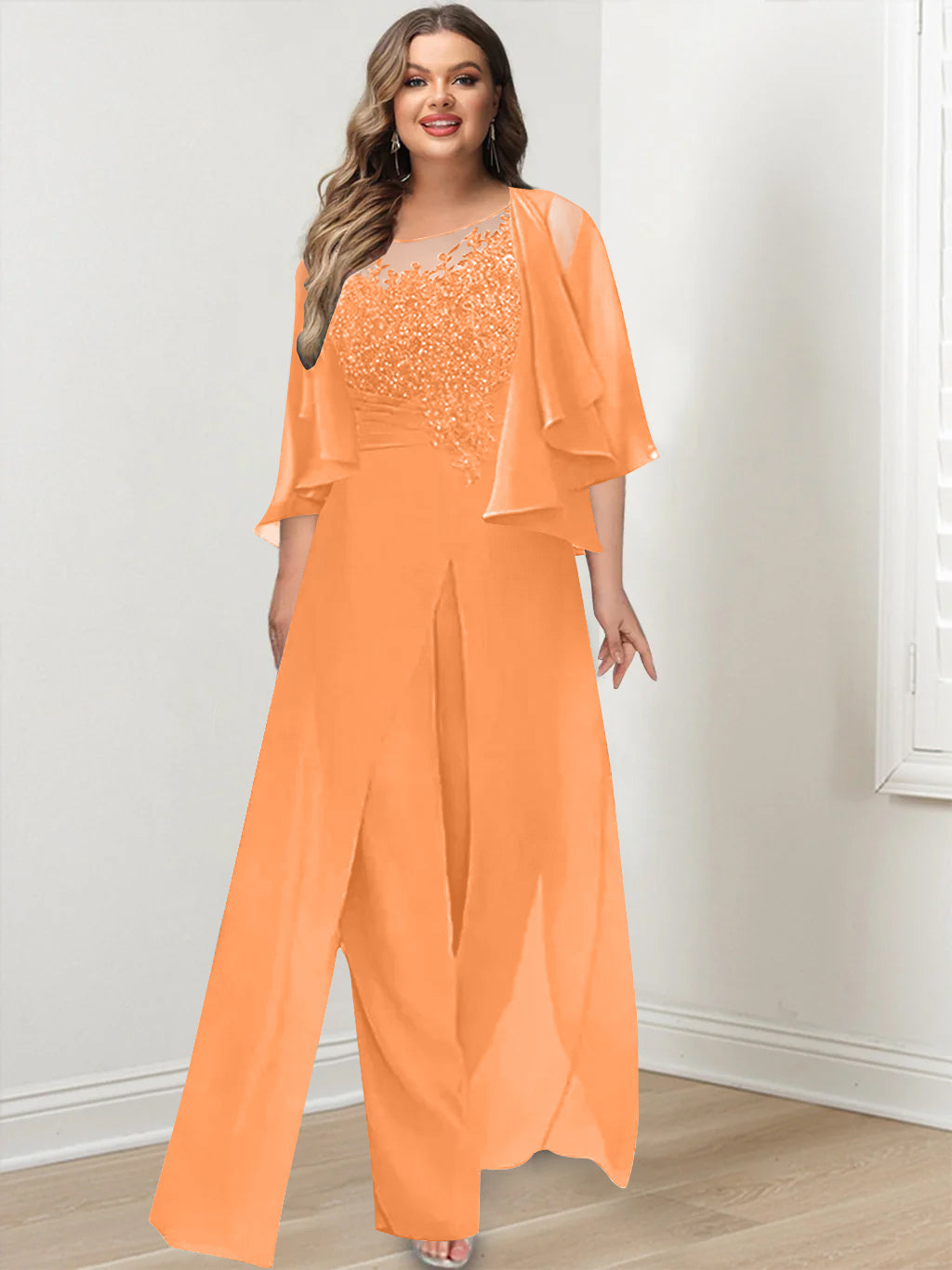 Plus Size Mother of the Bride A-Line/Princess Jumpsuit with Jacket Floor-Length Design Side Split & Appliques
