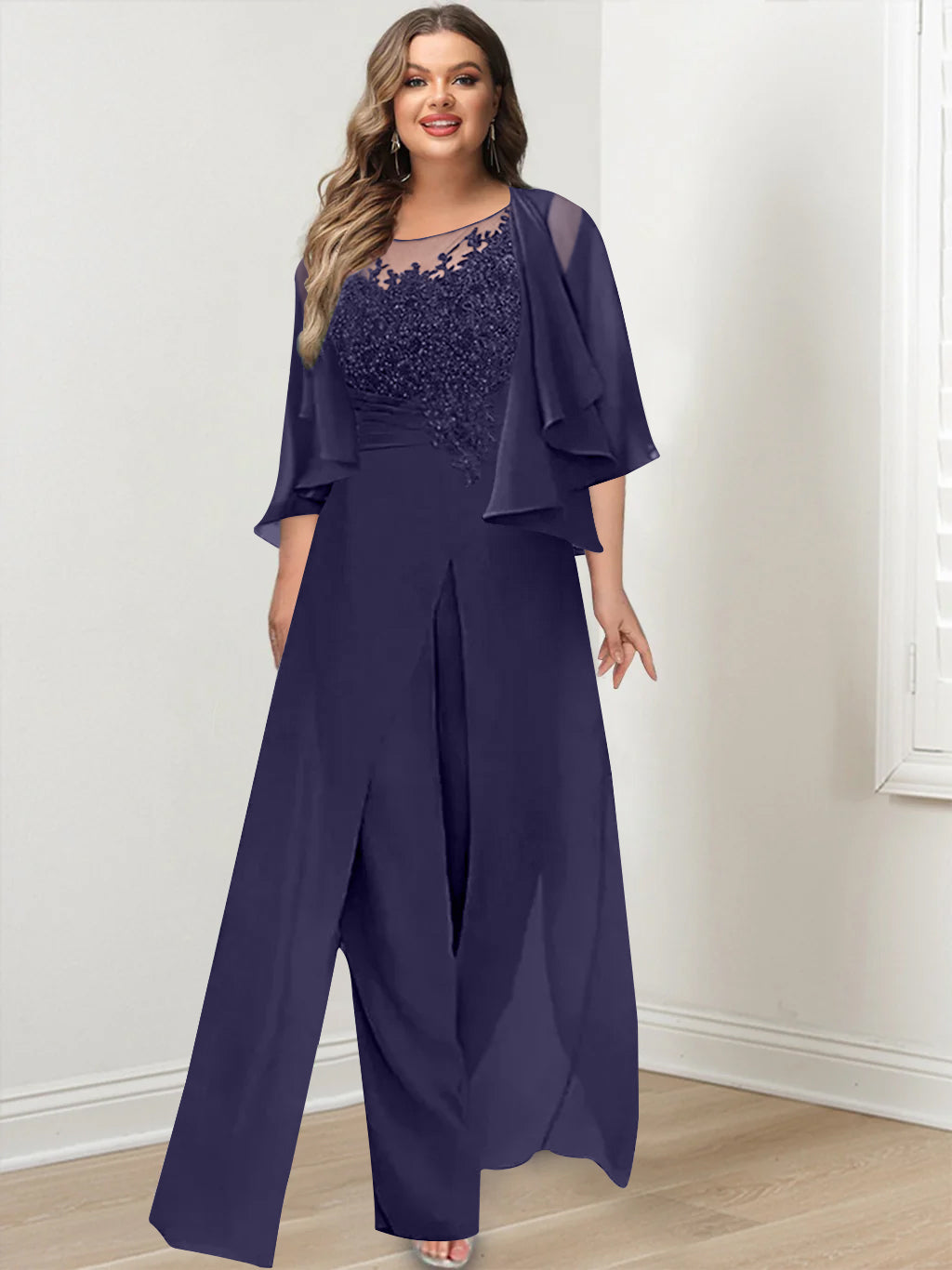 Plus Size Mother of the Bride A-Line/Princess Jumpsuit with Jacket Floor-Length Design Side Split & Appliques