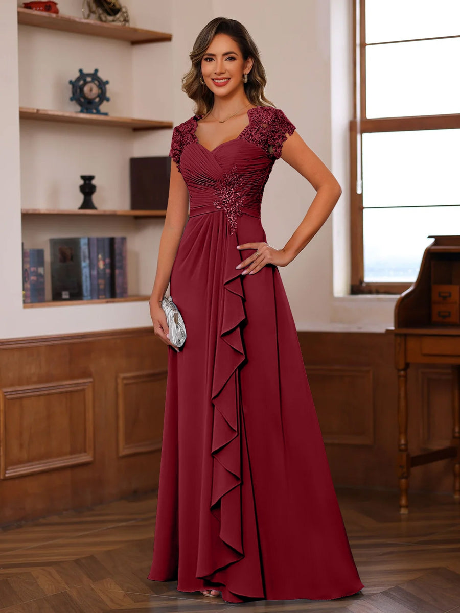 V-Neck A-Line Princess Short Sleeve Dress with Pleats Ruffles & Appliques for Mother of the Bride & Groom-LLELLA
