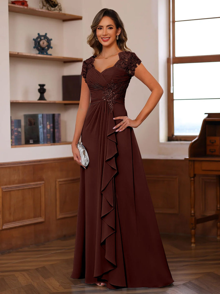 V-Neck A-Line Princess Short Sleeve Dress with Pleats Ruffles & Appliques for Mother of the Bride & Groom-LLELLA