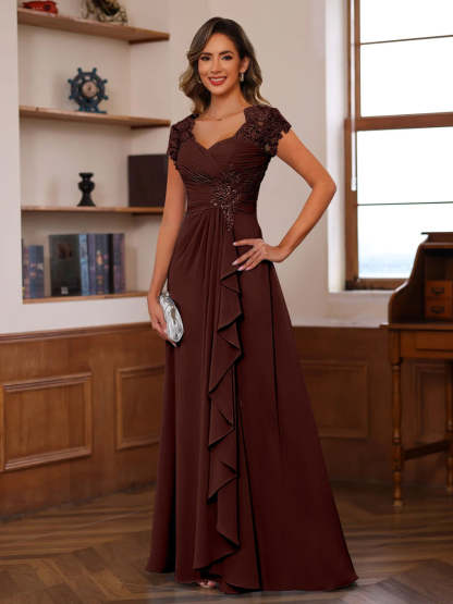 V-Neck A-Line Princess Short Sleeve Dress with Pleats Ruffles & Appliques for Mother of the Bride & Groom-LLELLA