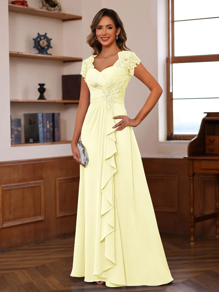 V-Neck A-Line Princess Short Sleeve Dress with Pleats Ruffles & Appliques for Mother of the Bride & Groom-LLELLA