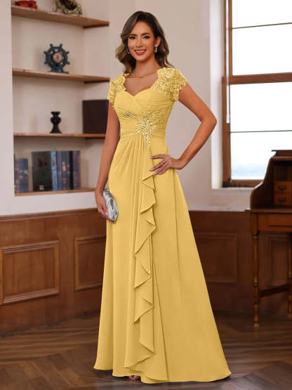 V-Neck A-Line Princess Short Sleeve Dress with Pleats Ruffles & Appliques for Mother of the Bride & Groom-LLELLA