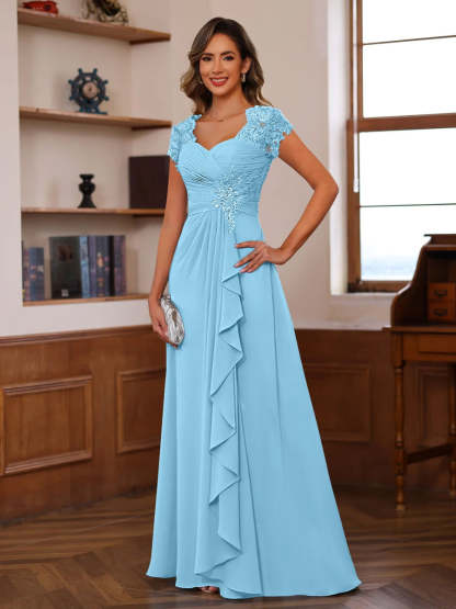 V-Neck A-Line Princess Short Sleeve Dress with Pleats Ruffles & Appliques for Mother of the Bride & Groom-LLELLA