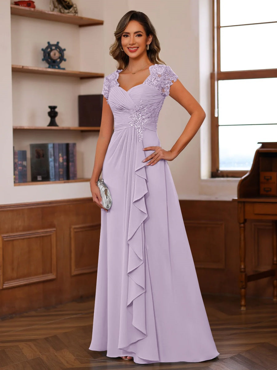 V-Neck A-Line Princess Short Sleeve Dress with Pleats Ruffles & Appliques for Mother of the Bride & Groom-LLELLA