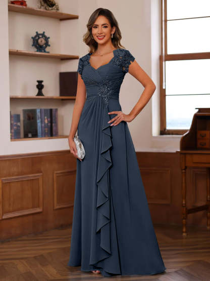V-Neck A-Line Princess Short Sleeve Dress with Pleats Ruffles & Appliques for Mother of the Bride & Groom-LLELLA
