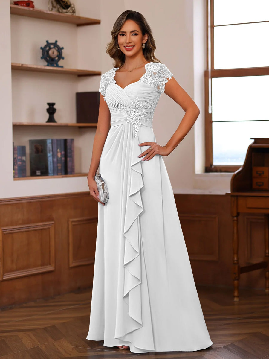 V-Neck A-Line Princess Short Sleeve Dress with Pleats Ruffles & Appliques for Mother of the Bride & Groom-LLELLA