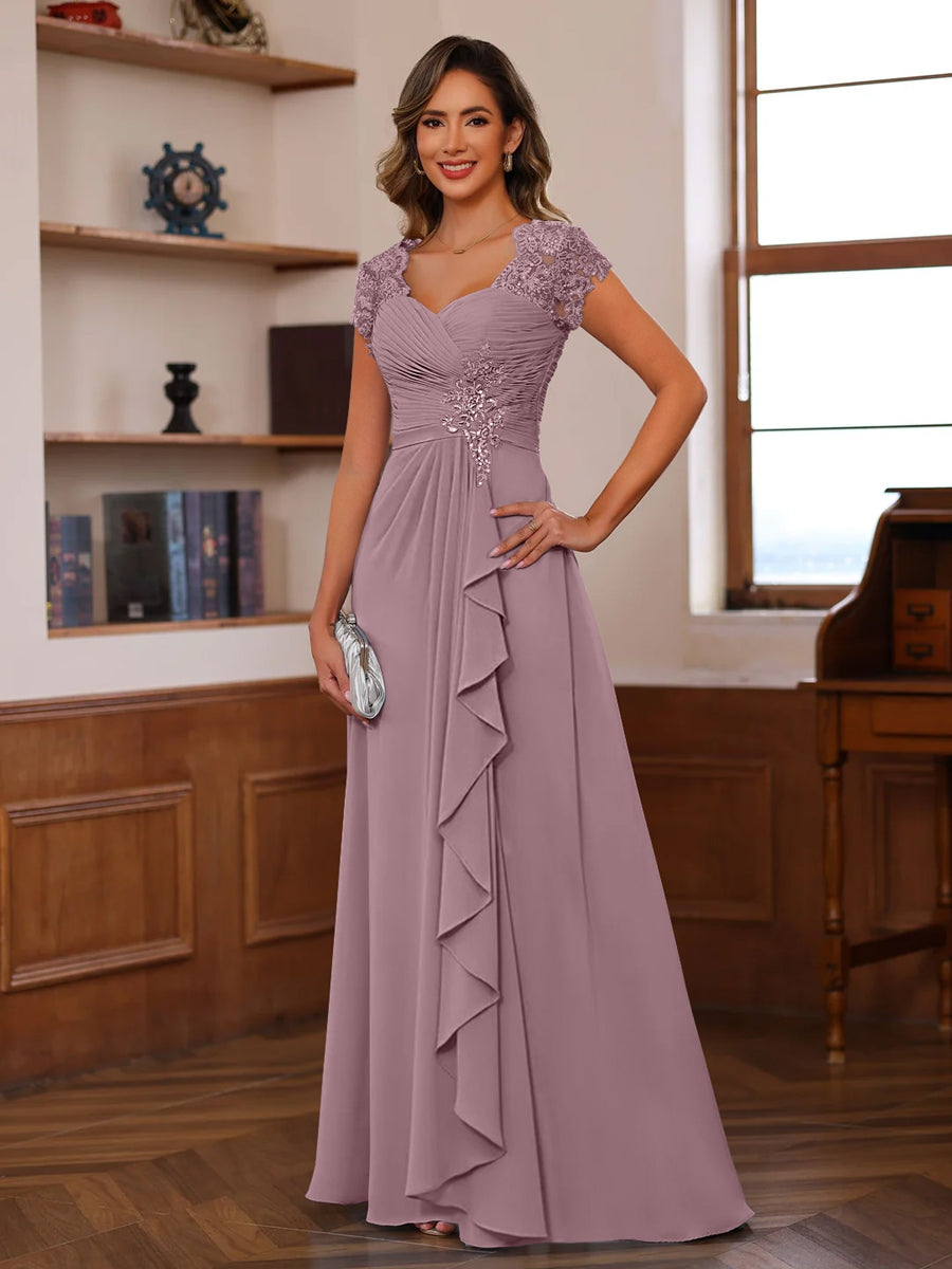 V-Neck A-Line Princess Short Sleeve Dress with Pleats Ruffles & Appliques for Mother of the Bride & Groom-LLELLA