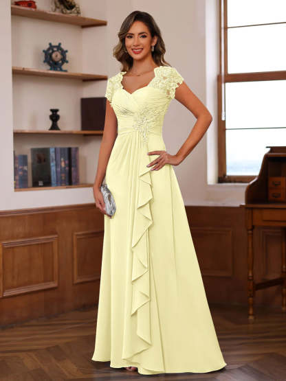 V-Neck A-Line Princess Short Sleeve Dress with Pleats Ruffles & Appliques for Mother of the Bride & Groom-LLELLA