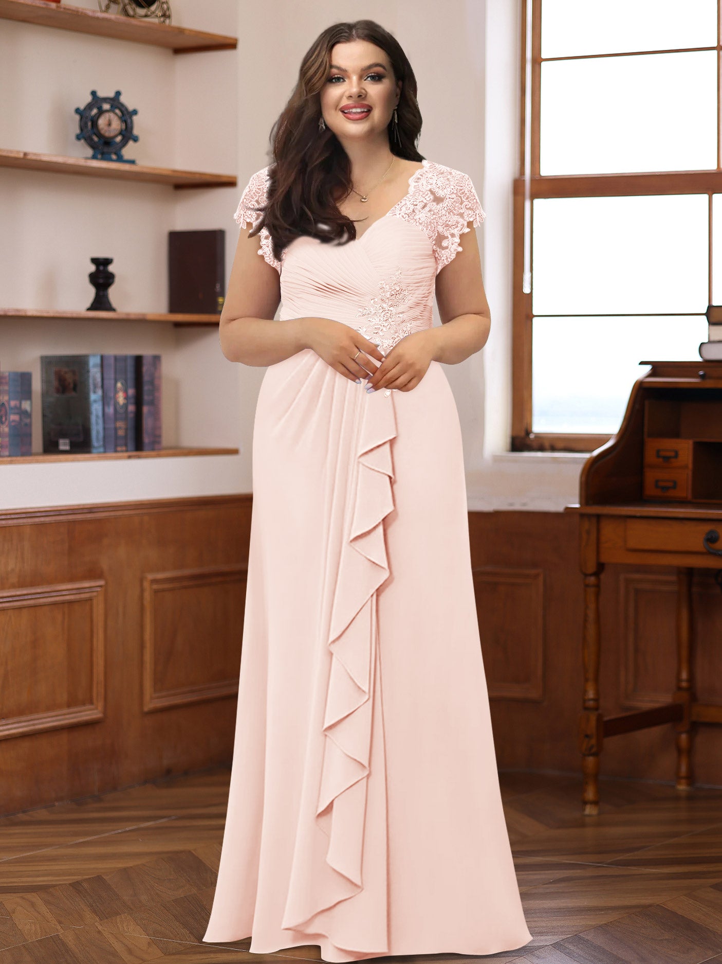 V-Neck A-Line Princess Short Sleeve Dress with Pleats Ruffles & Appliques for Mother of the Bride & Groom-LLELLA