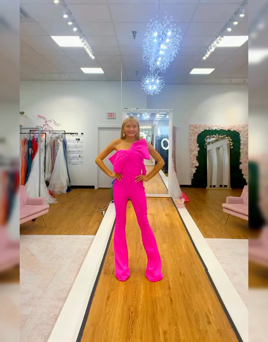 Fuchsia Strapless Satin Tight Long Homecoming Jumpsuits with Bow