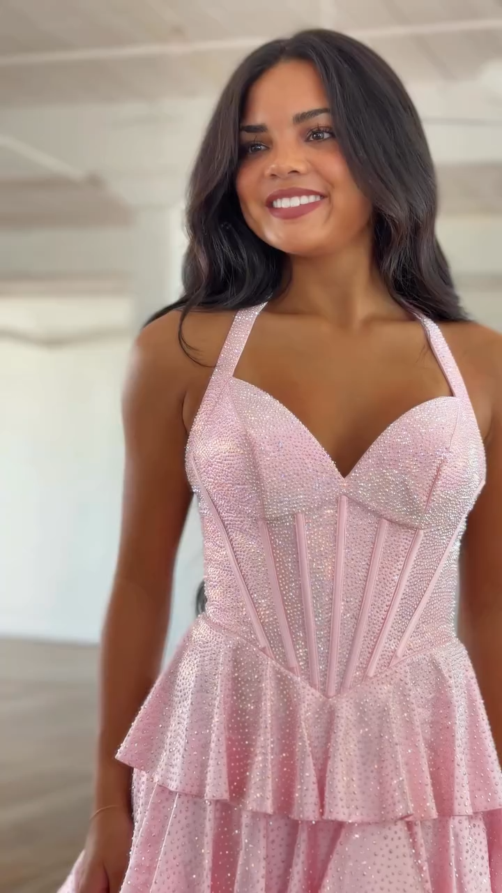 Pink Rhinestone Halter Corset Tiered Ruffle Homecoming Dress