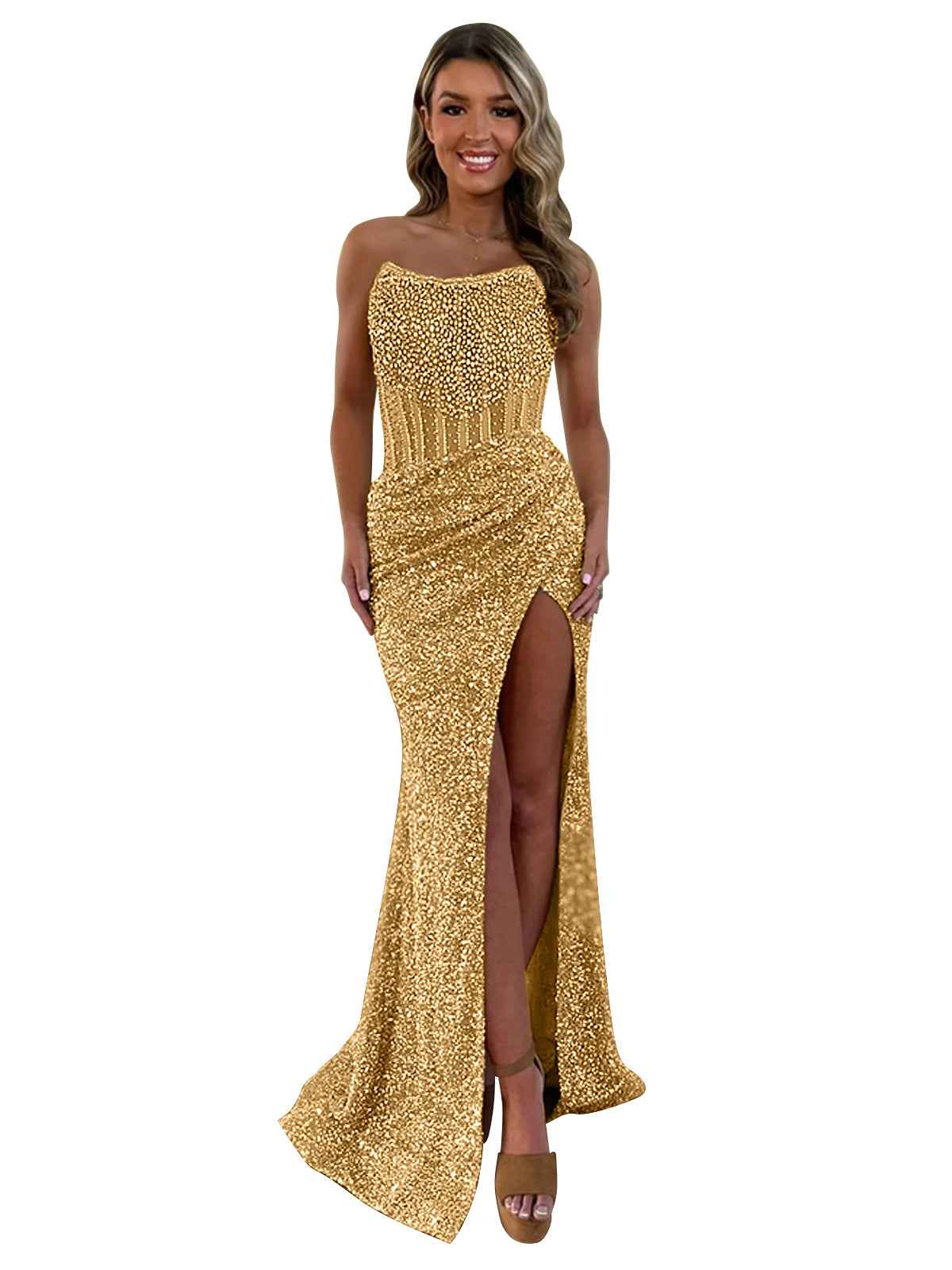 Gorgeous Sparkly Strapless Long Mermaid Prom Dress with Slit-LLELLA