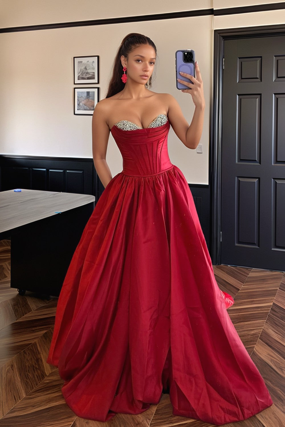 Red A-line Strapless Long Prom Dress-LLELLA