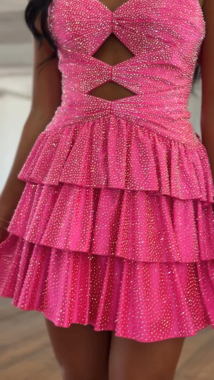 Hot Pink Strapless Sweetheart Crystal Cutout Tiered Ruffle Homecoming Dress HC179