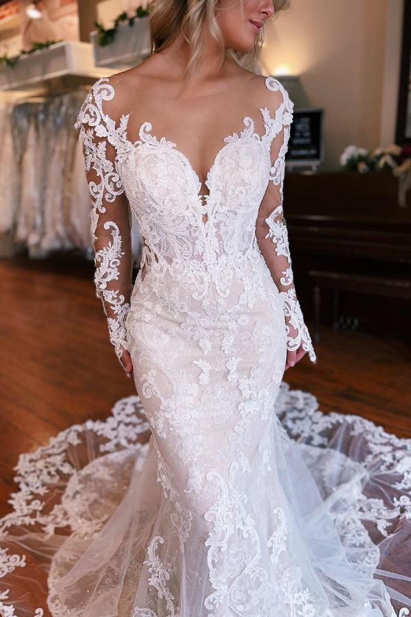 LLELLA Long Sleeves Lace Wedding Dress Mermaid Overskirt On Sale-LLELLA