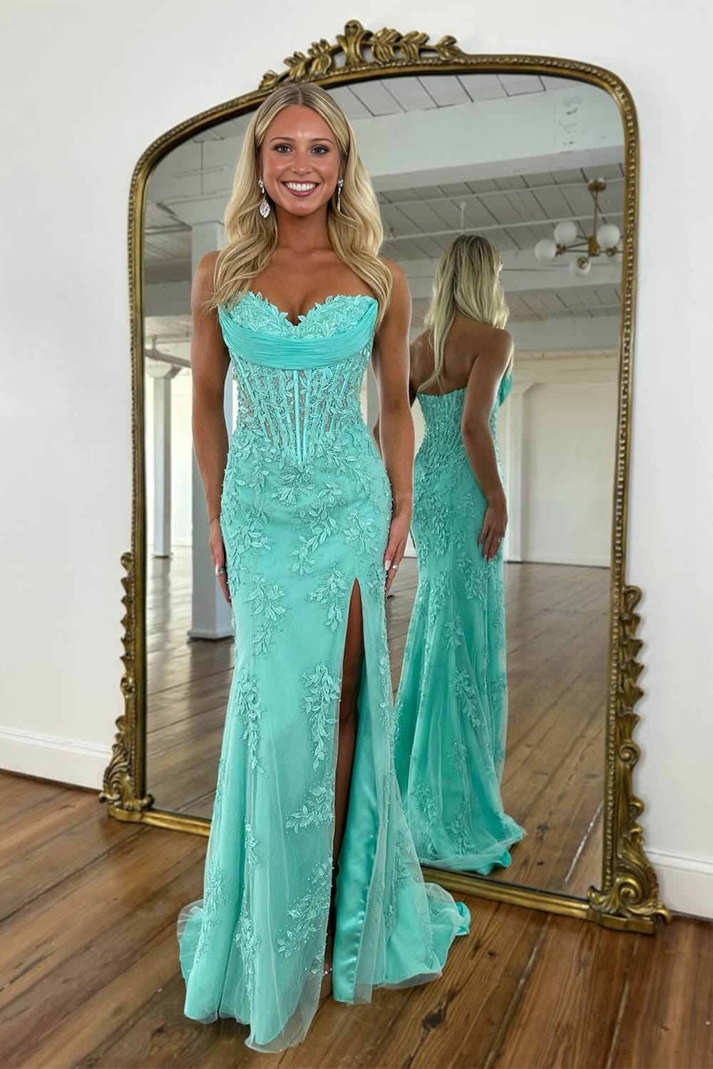 Lace Strapless Slit Prom Dress-LLELLA
