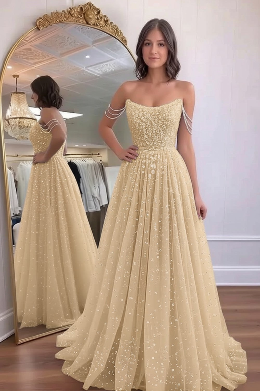 Glitter A line Off the Shoulder Prom Dress-LLELLA