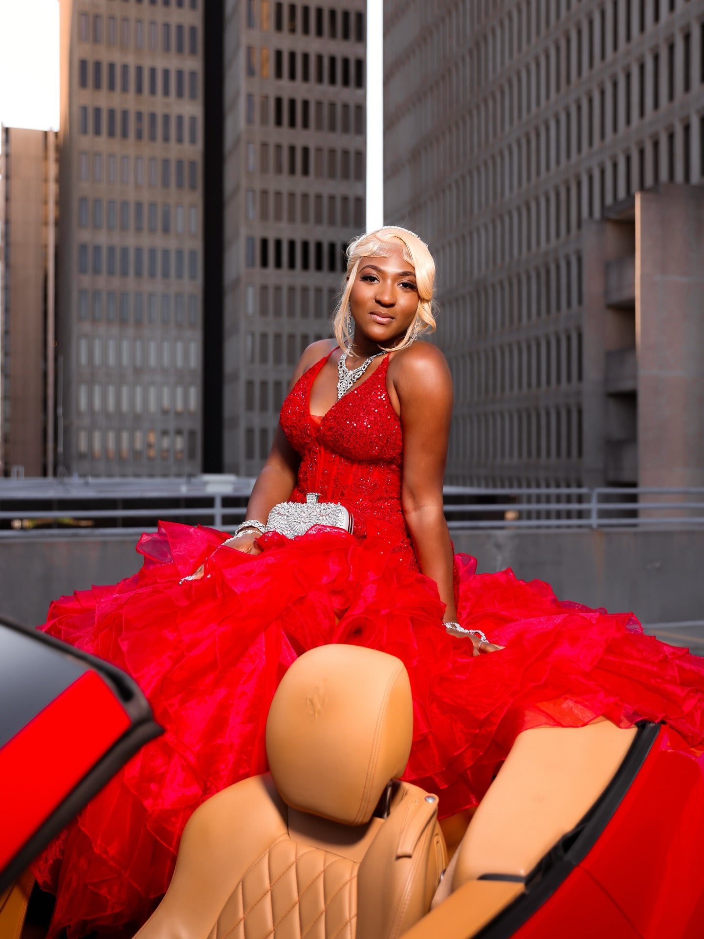 Red Halter V-Neck Crystal Beaded Mermaid Prom Dress with Ruffled Organza Skirt