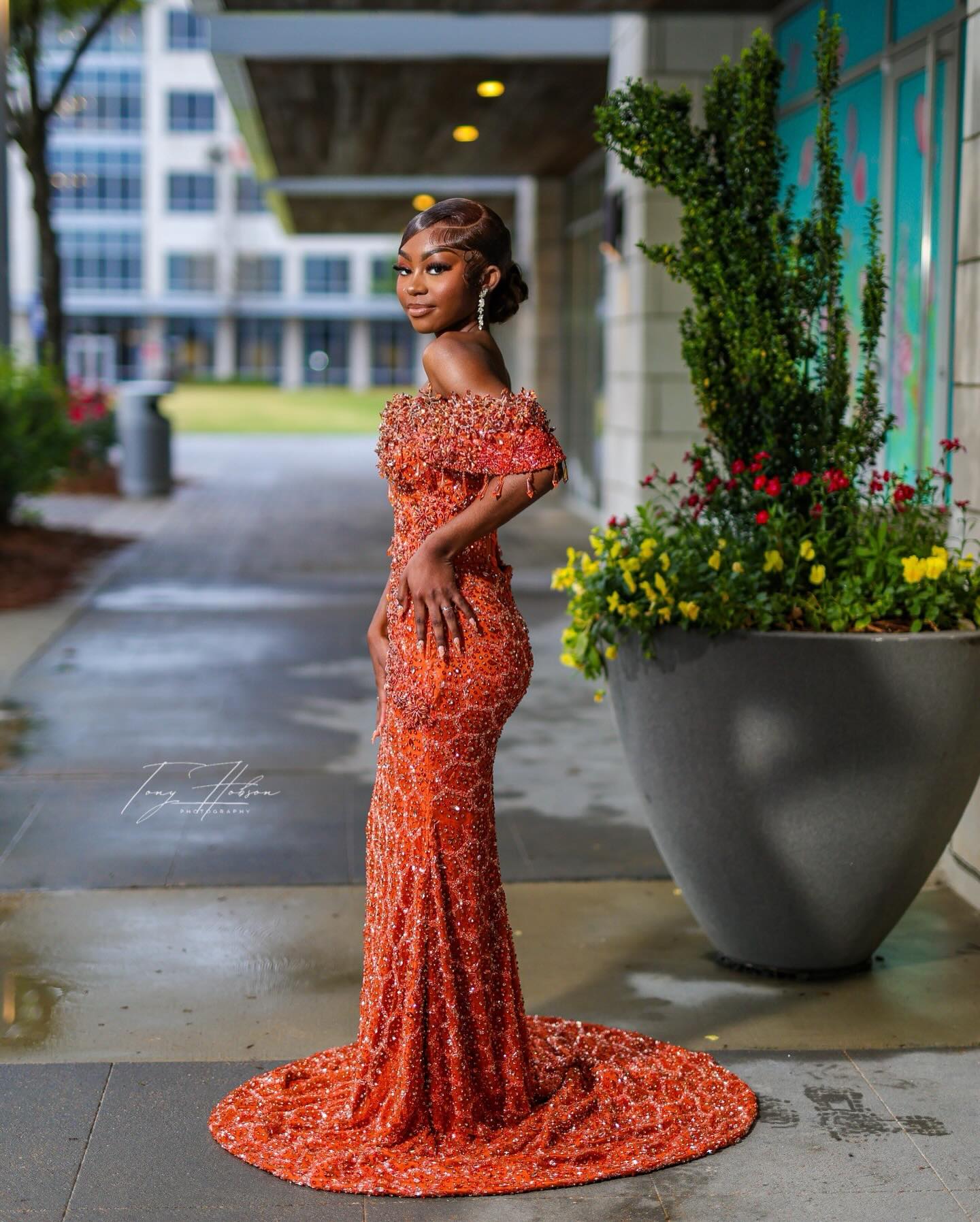 Burnt Orange Off-Shoulder Sequin Beaded Mermaid Gown-LLELLA