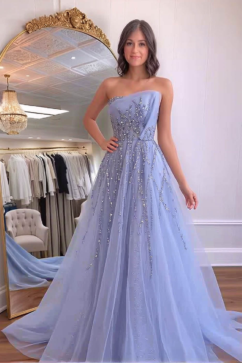 Strapless Light Blue Prom Dress with Sequin-LLELLA