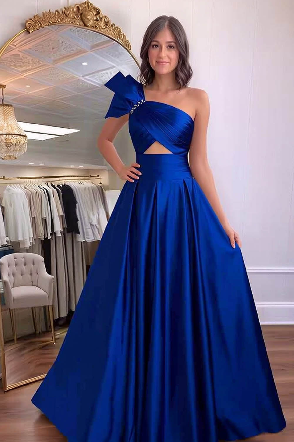 Satin Strapless Prom Dress with Cut-out-LLELLA