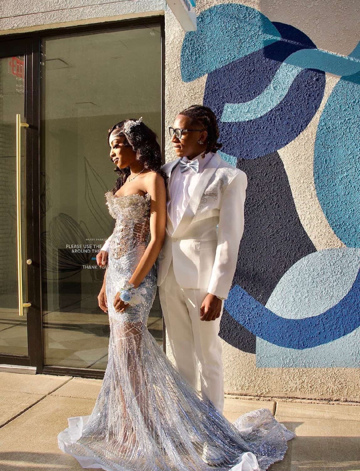 Ice Blue Silver Strapless Sweetheart Sheer Crystal Line Beaded Mermaid Prom Dress with Cathedral Train