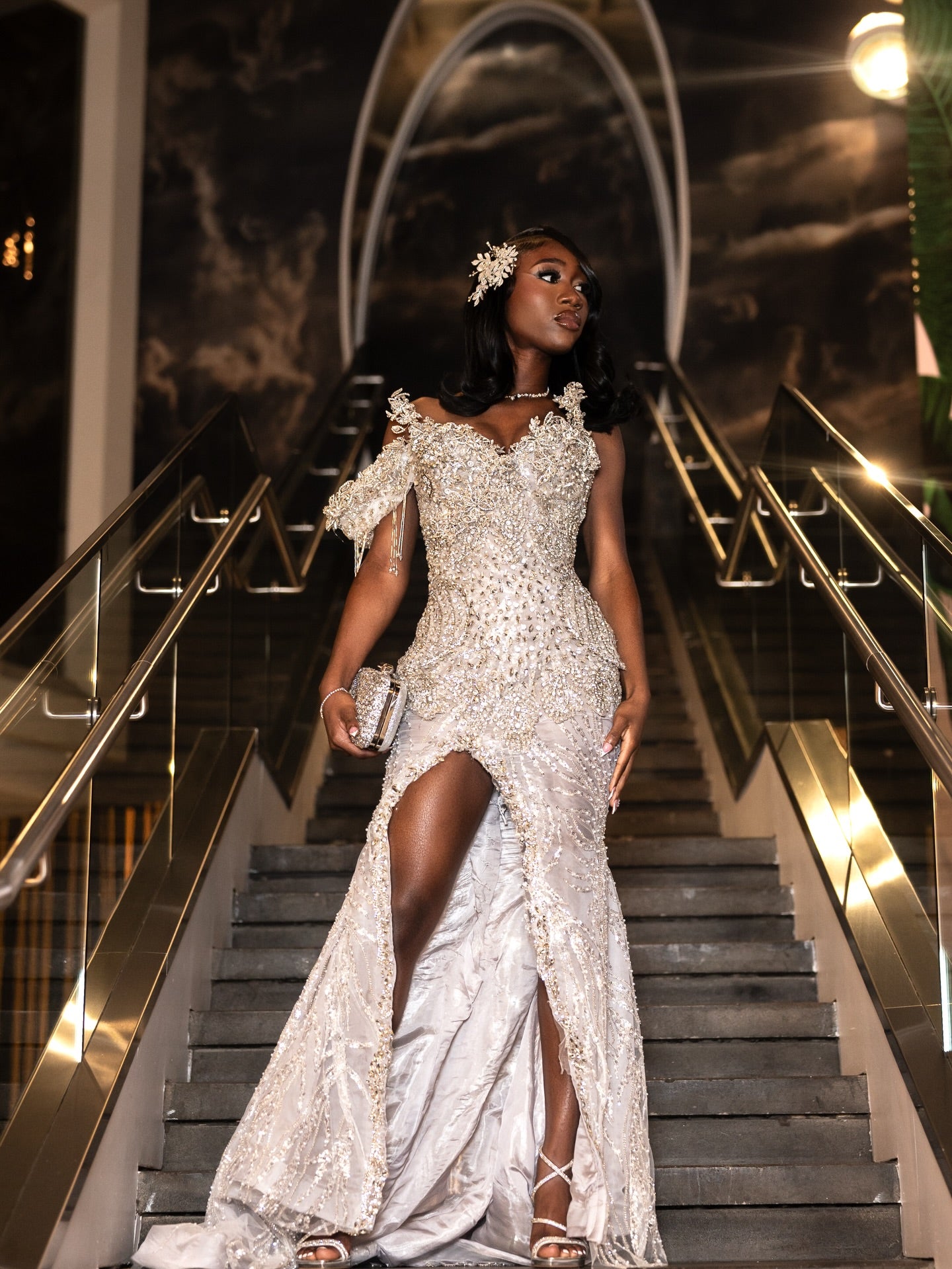 Worth the Wait – Ivory Off-Shoulder Crystal Beaded Mermaid Prom Dress with High Slit