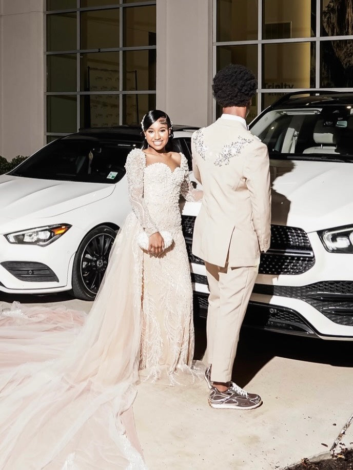 Ivory Long Sleeve Beaded Mermaid Prom Dress with 3D Floral & Feather Train Details