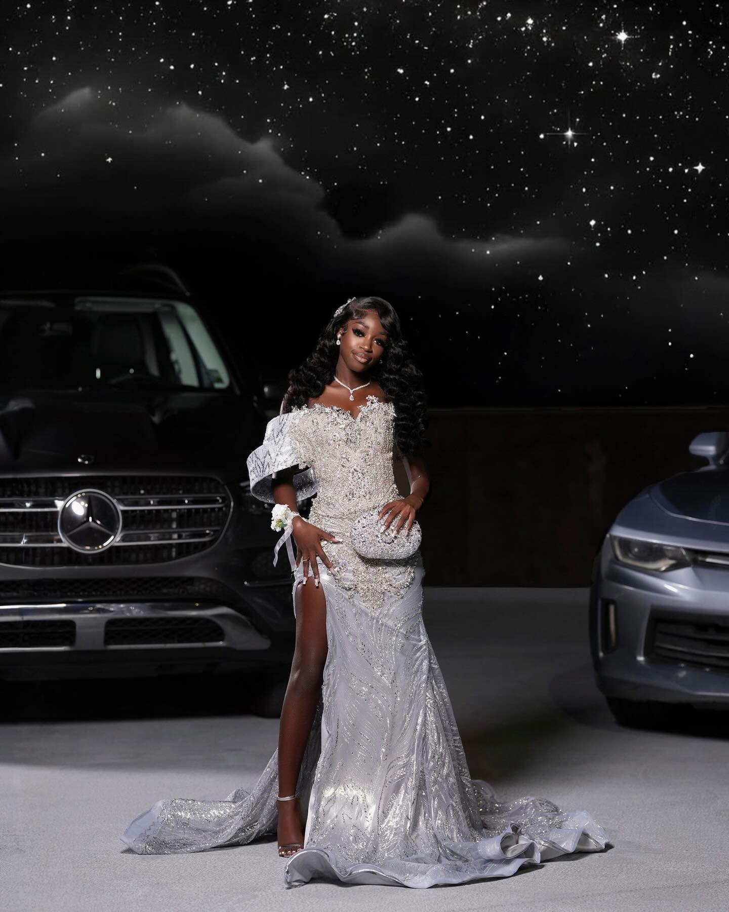 Starlight Dream - Silver Crystal Beaded Off-Shoulder Mermaid Prom Dress with Thigh Slit-LLELLA