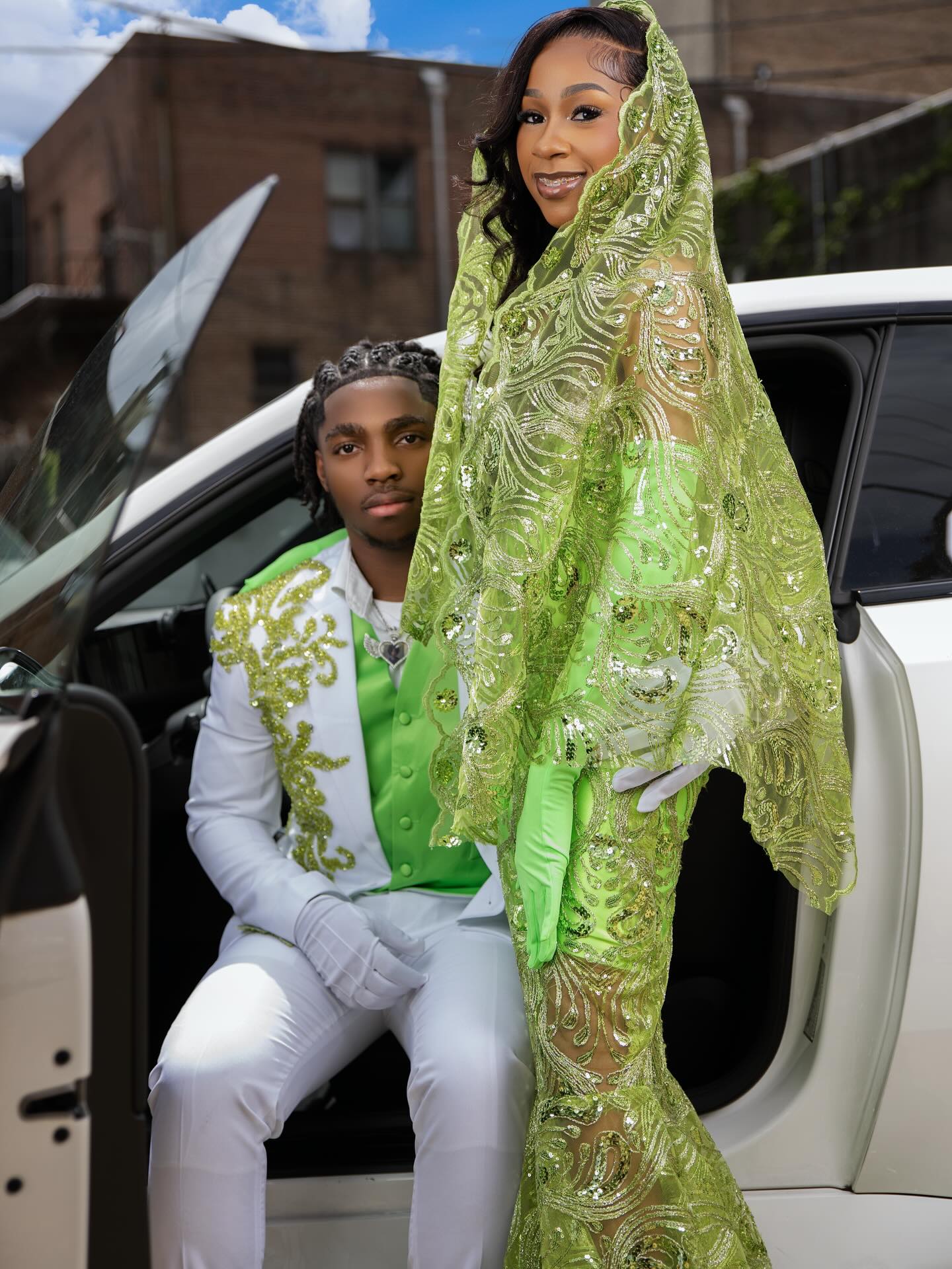 Neon Lime Green Gold Peacock Sequin Illusion Mermaid Prom Dress with Lace Cape Veil & Opera Gloves-LLELLA