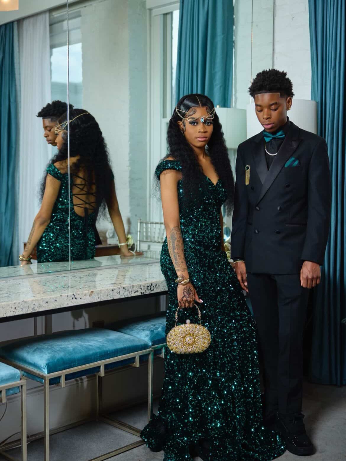 Emerald Green Off-Shoulder Sequin Beaded Mermaid Prom Dress | BK4749
