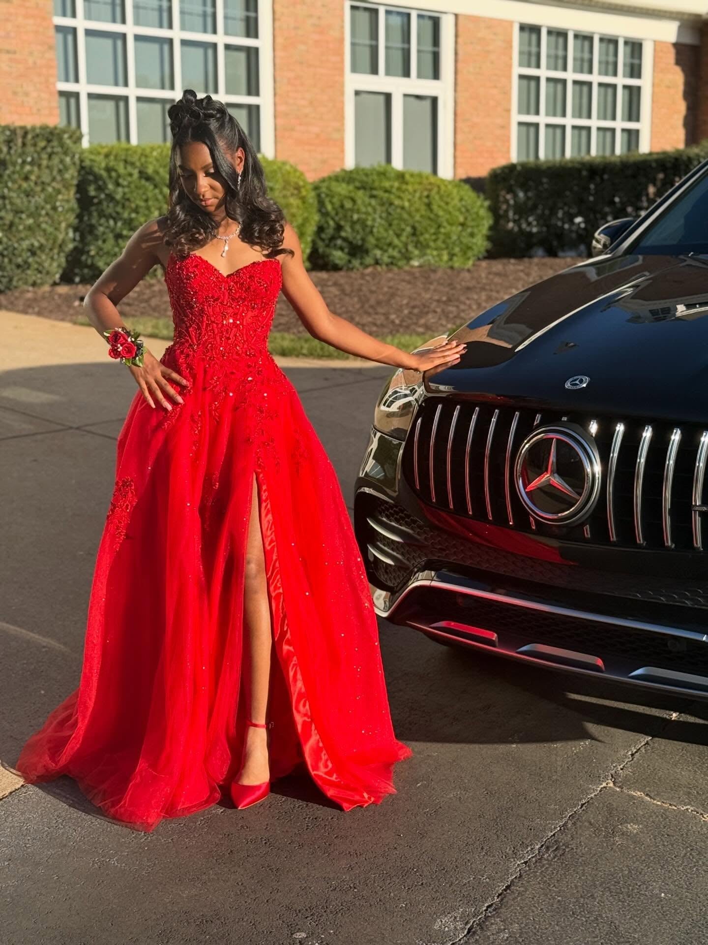 Red Sequin Beaded Strapless A-Line Prom Dress with 3D Floral Appliqué & High Slit