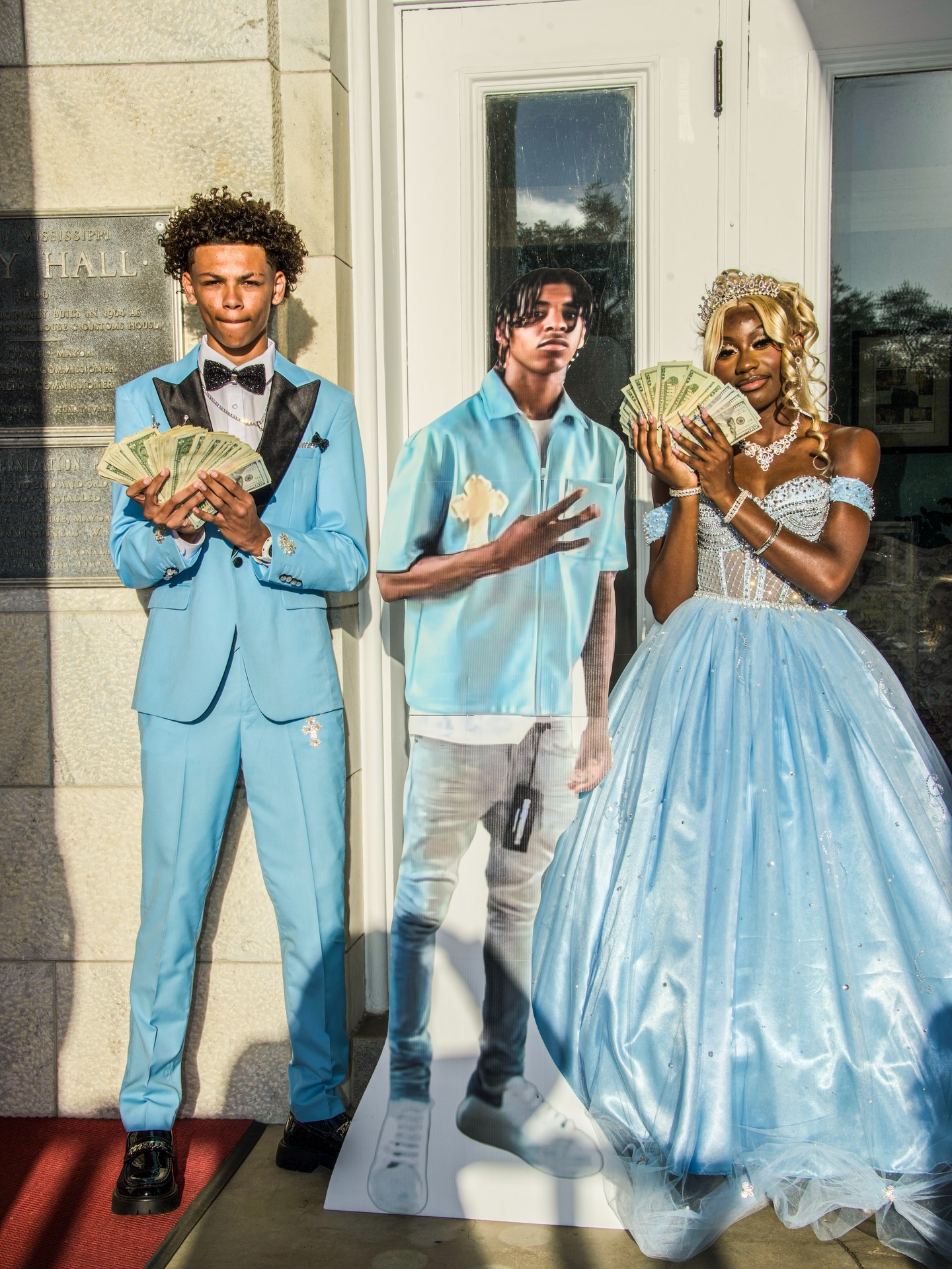 Blue Crystal Beaded Strapless Mermaid Prom Dress with 3D Floral Appliqué & Ruffle Skirt