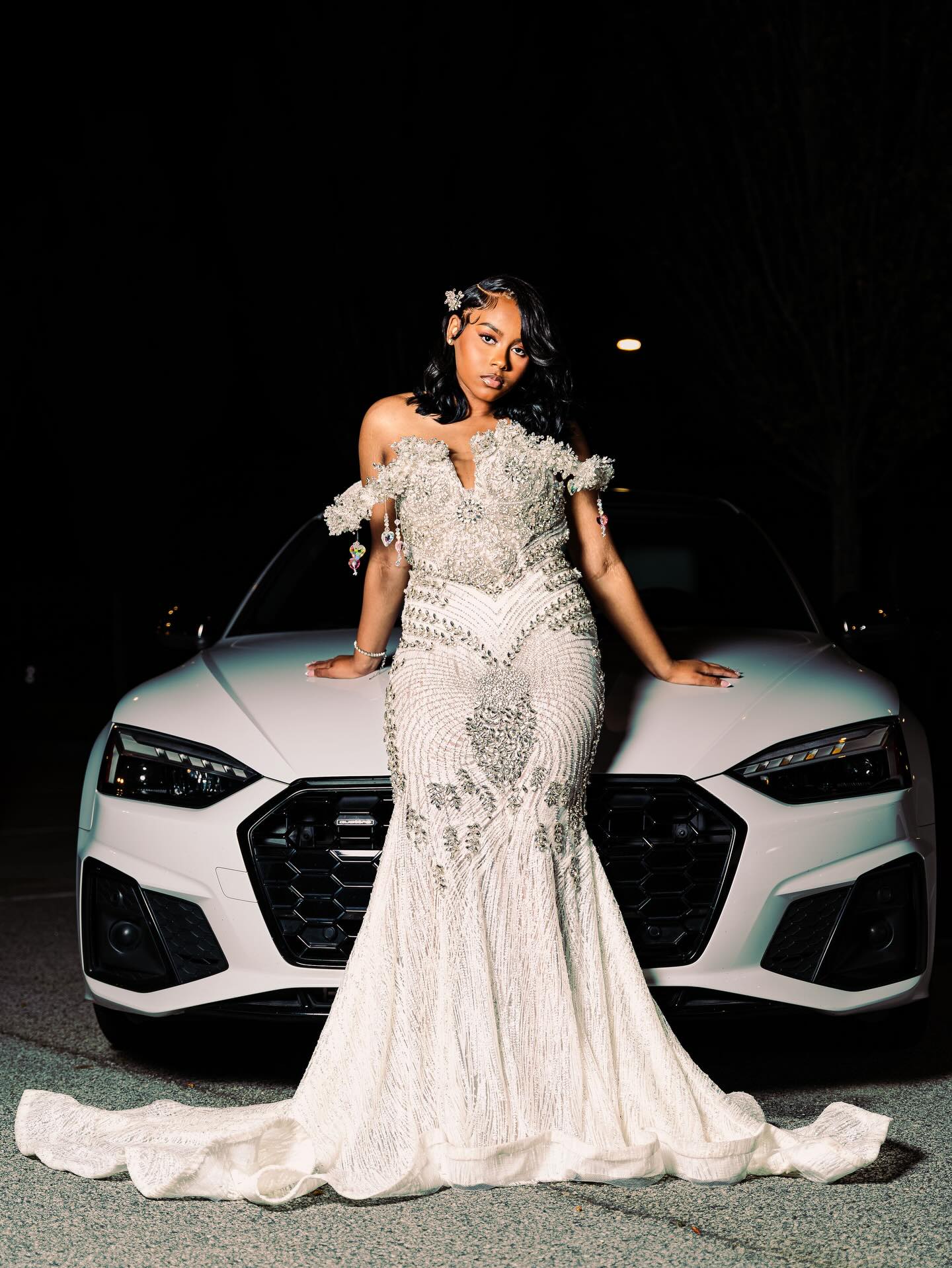 White & Silver Spiral Crystal Beaded Off-Shoulder Mermaid Prom Dress with Lace Train-LLELLA
