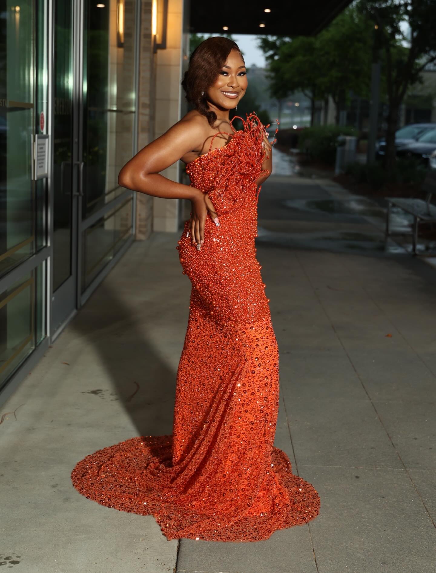 Burnt Orange 3D Spiral Beaded Tendril Off-Shoulder Crystal Mermaid Prom Dress-LLELLA
