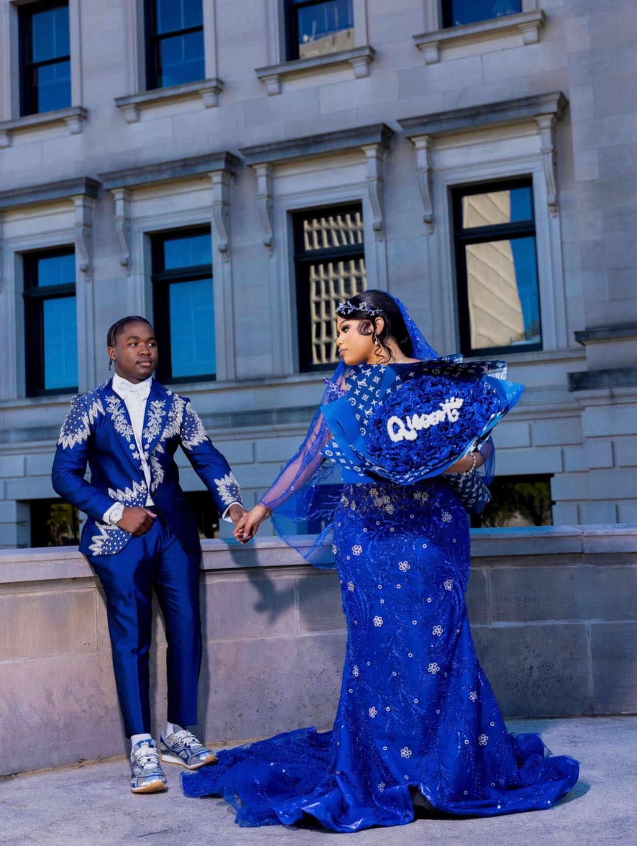 Royal Blue 3D Rose Floral Crystal Beaded Long Sleeve Mermaid Prom Dress with Custom Cathedral Train and Veil